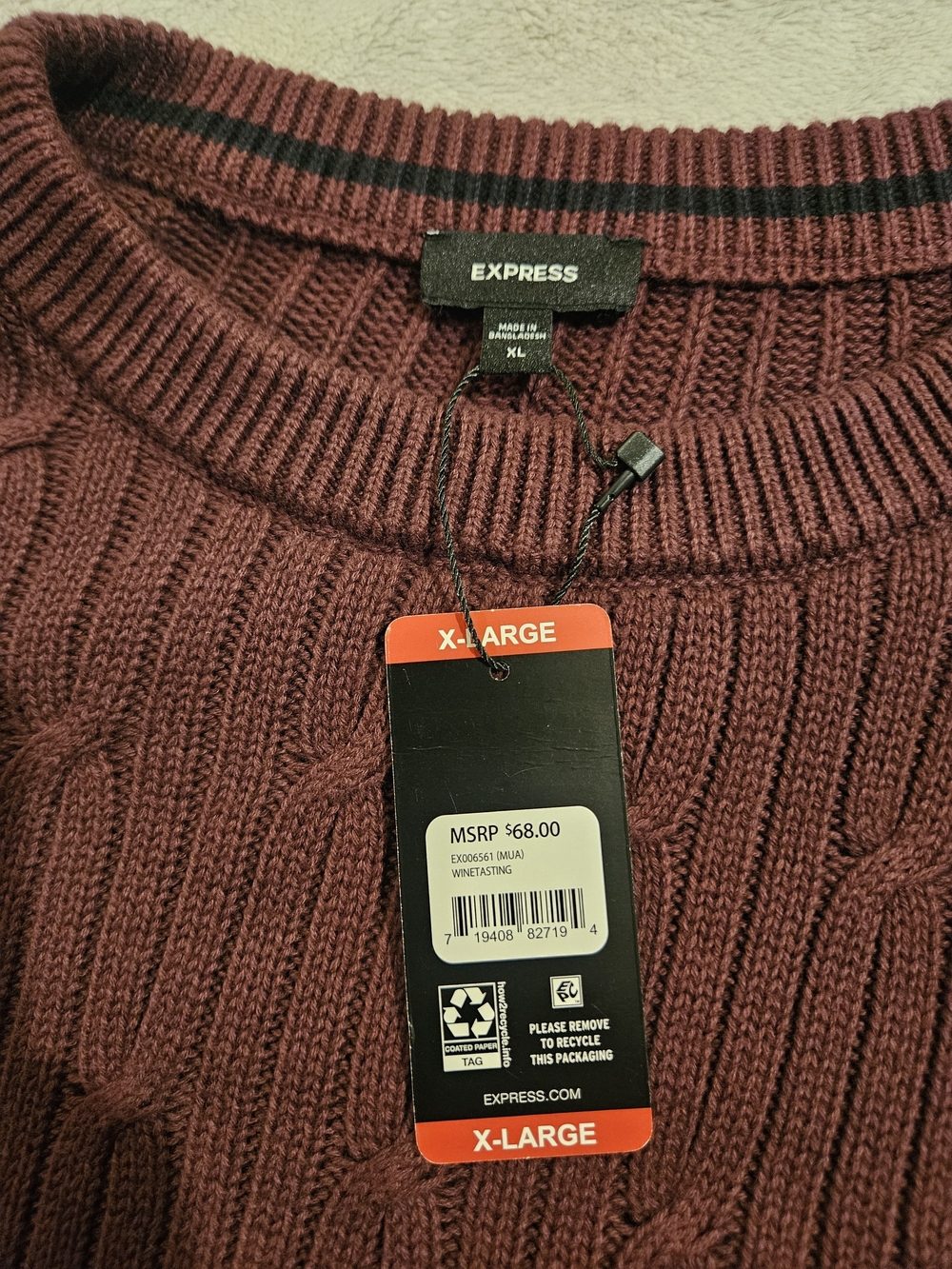 Express NWT Cable Knit Sweater Mens XL Burgundy Winetasting Maroon